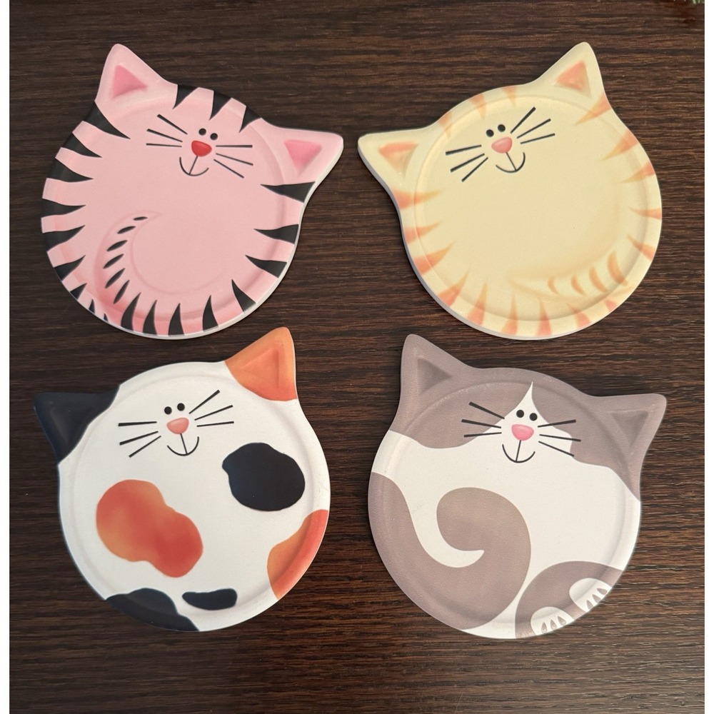 Absorbent Ceramic Cat Coasters with Cork Base Set Of 4